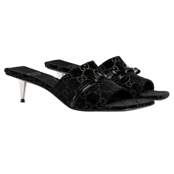 GUCCI GG Monogram Black Velvet Bow Mules Slide Sandal Black Size 37US 7 NEW